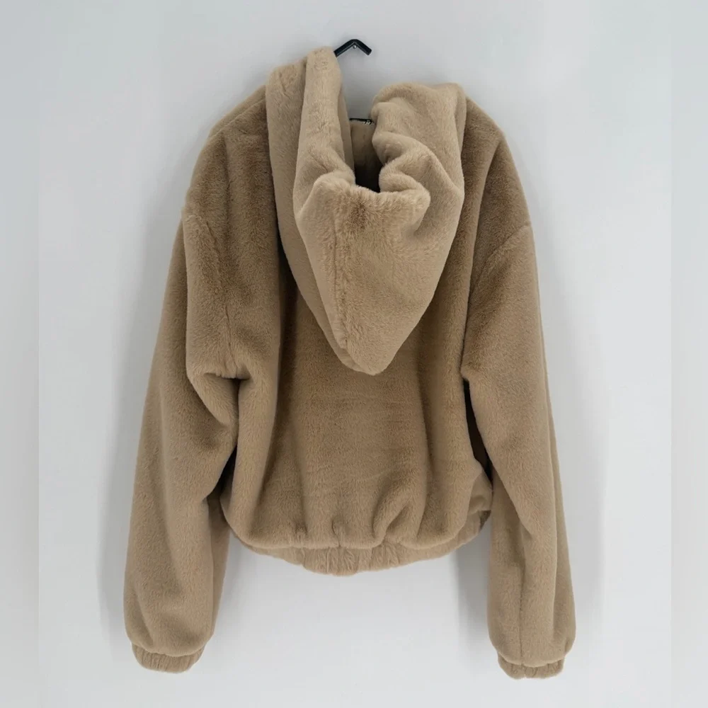 Nerdy Eco Faux Fur Soft Beige Logo Front Hooded Zip Up Jacket - Picture 5 of 7